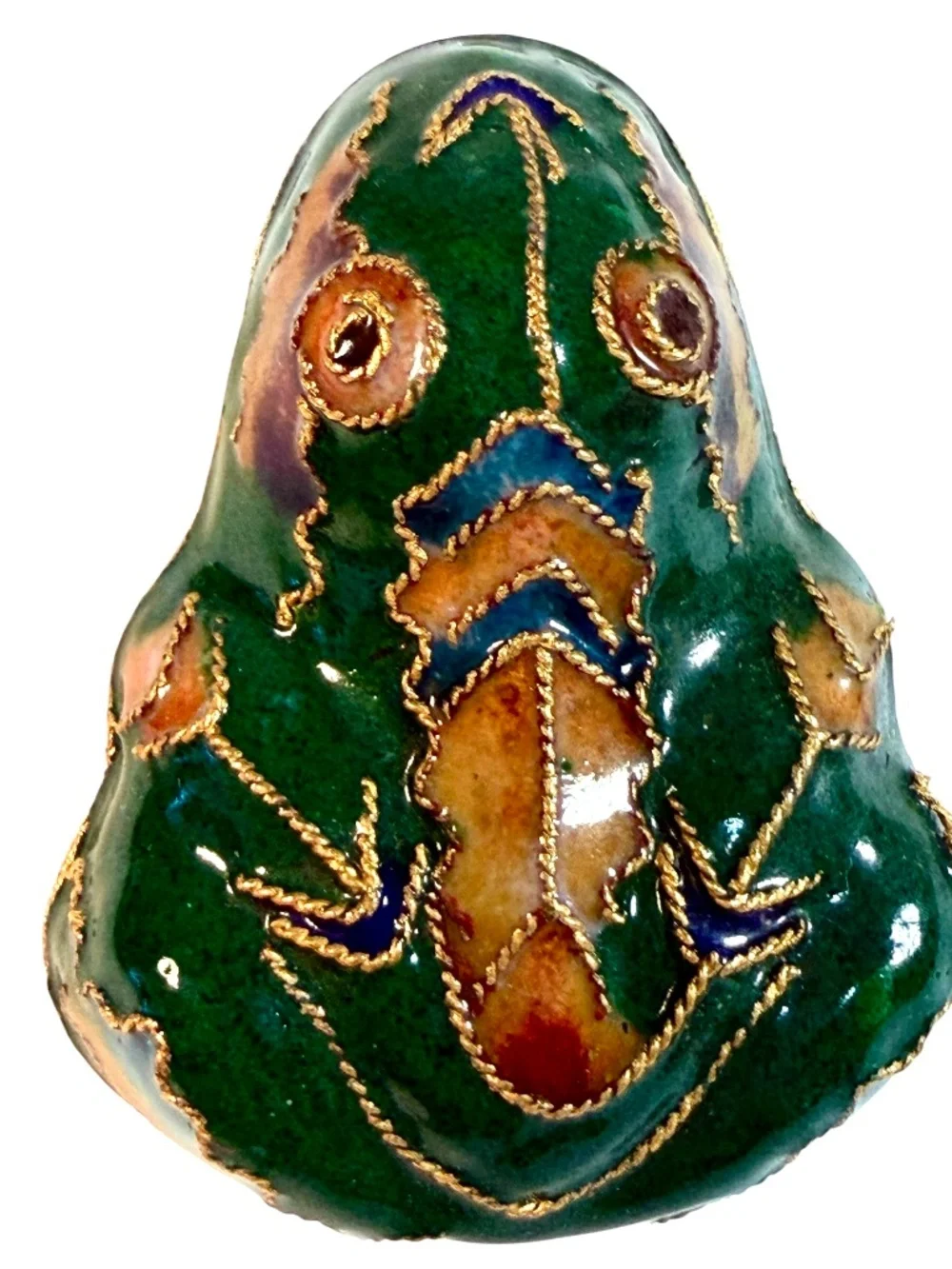 Vintage Cloisonne Green Enamel Frog Trinket Box, Blue Flower on Underside